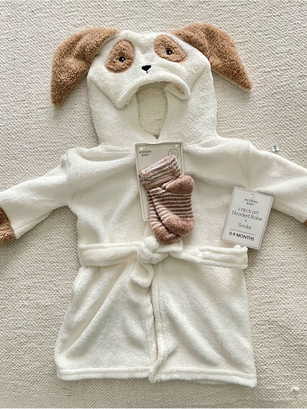 Baby Hooded Robe with Puppy Ears - Cream and Light Brown NWT 0-9months